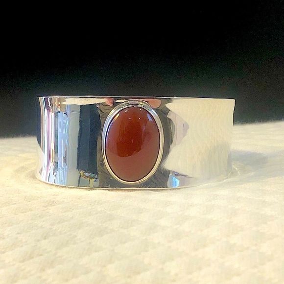 TAXCO Carnelian Cabochon Sterling Silver Cuff Bracelet - Picture 1 of 12